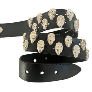 Skull belt black leather silver double row England size Med 32 waist 37” length
